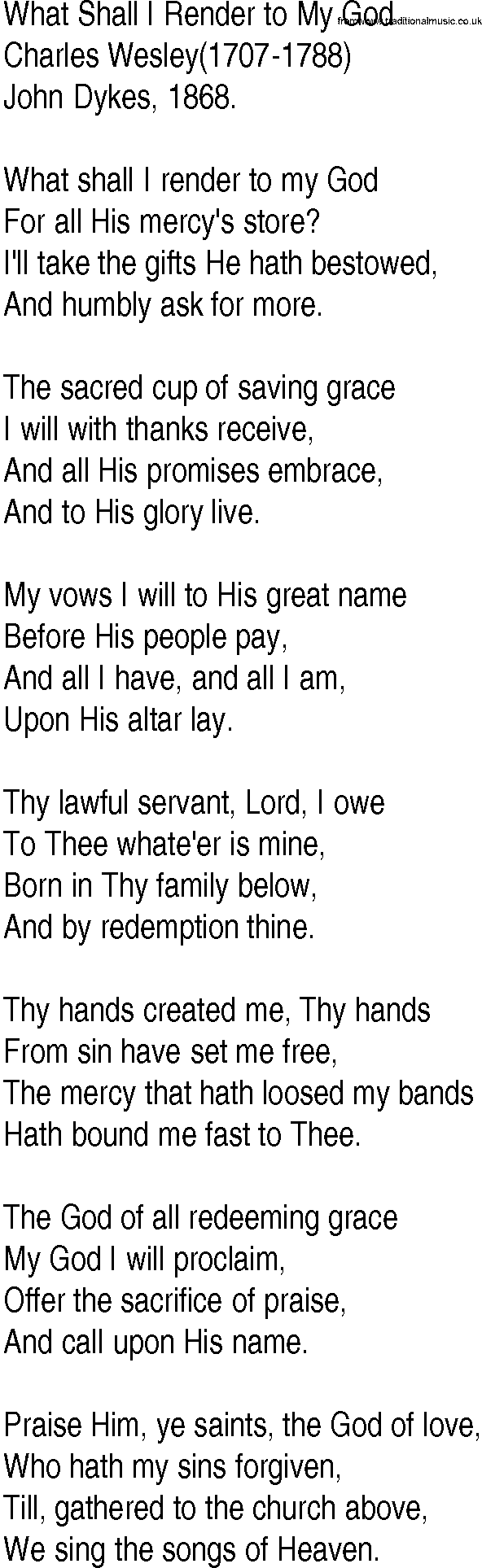 Hymn and Gospel Song: What Shall I Render to My God by Charles Wesley lyrics