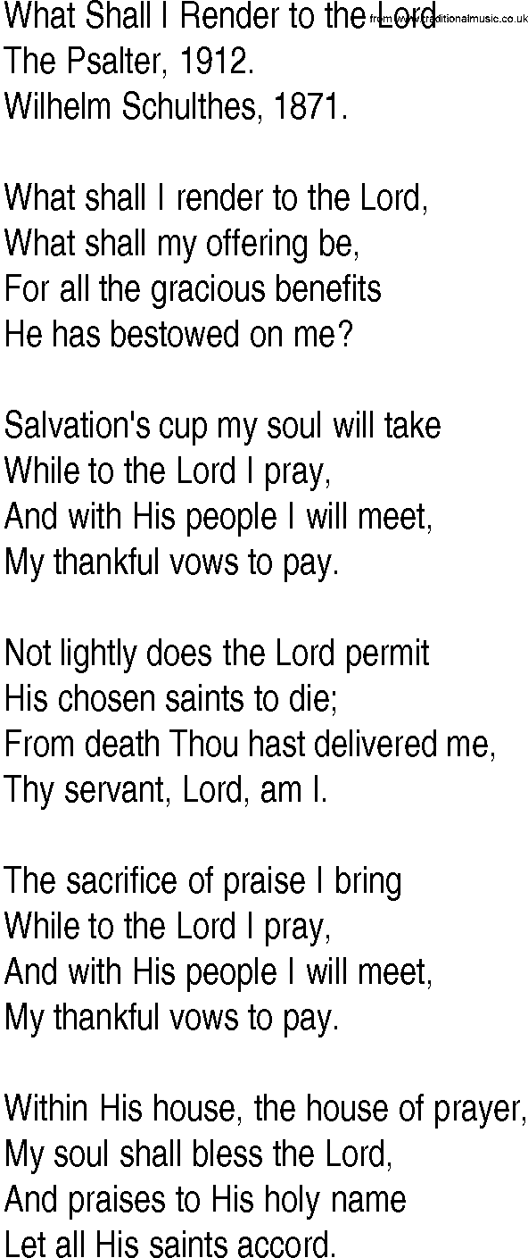 Hymn and Gospel Song: What Shall I Render to the Lord by The Psalter lyrics