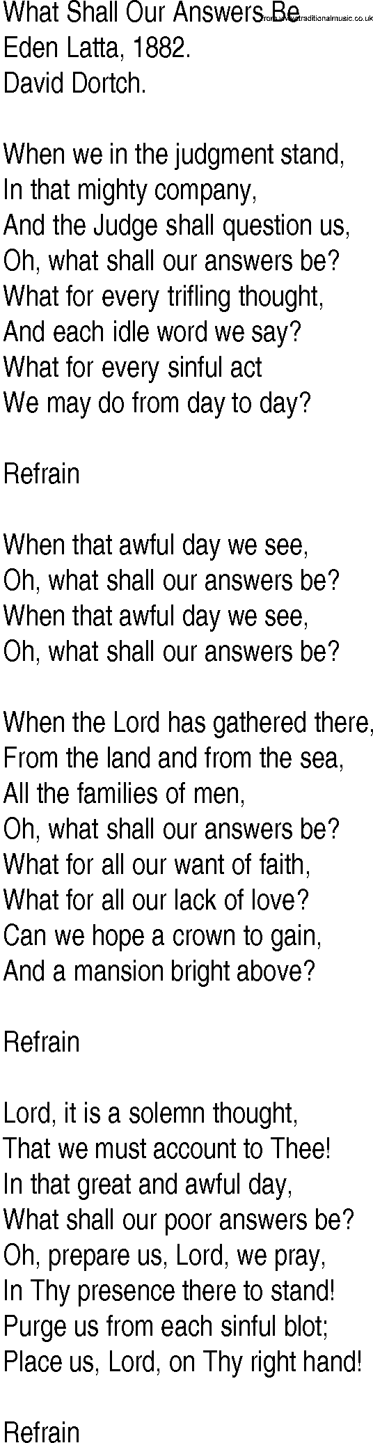 Hymn and Gospel Song: What Shall Our Answers Be by Eden Latta lyrics