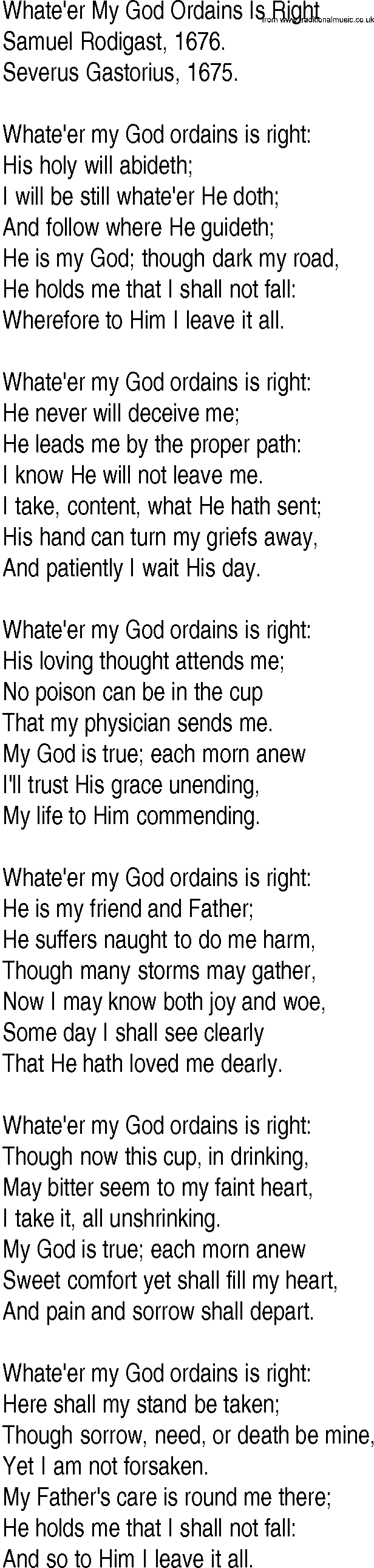 Hymn and Gospel Song: Whate'er My God Ordains Is Right by Samuel Rodigast lyrics