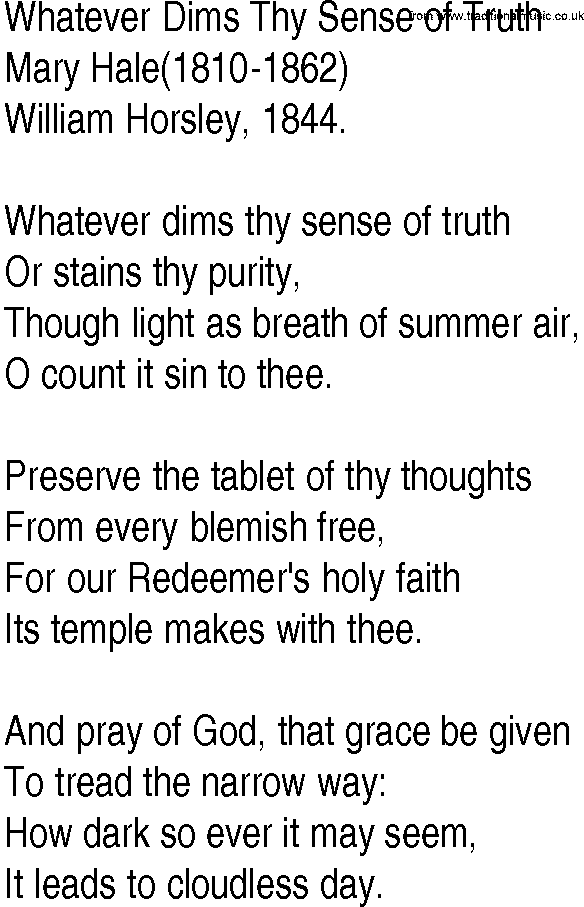 Hymn and Gospel Song: Whatever Dims Thy Sense of Truth by Mary Hale lyrics