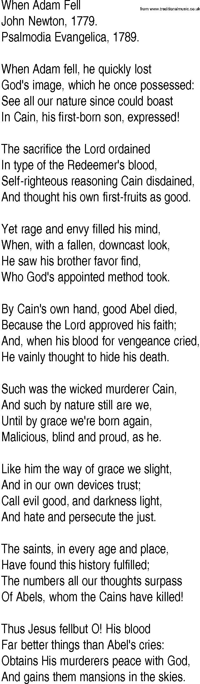 Hymn and Gospel Song: When Adam Fell by John Newton lyrics