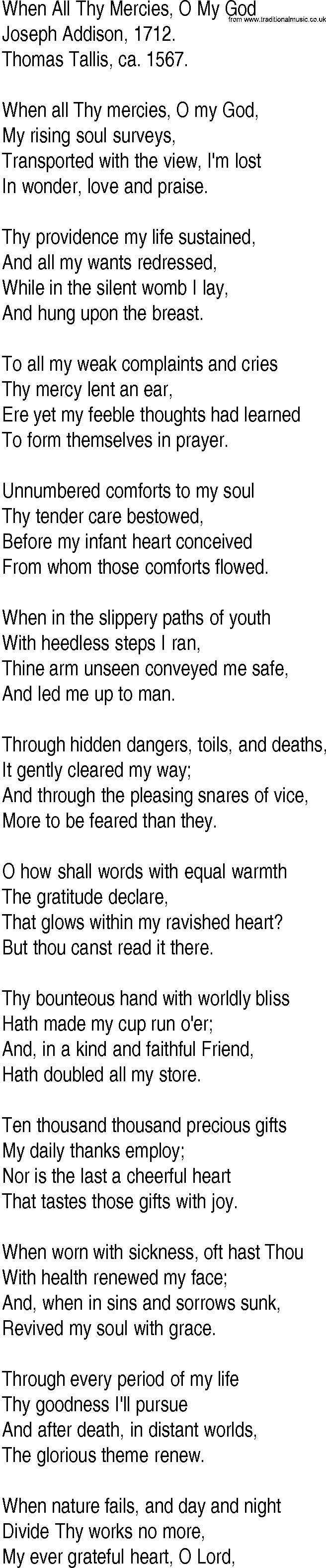 Hymn and Gospel Song: When All Thy Mercies, O My God by Joseph Addison lyrics