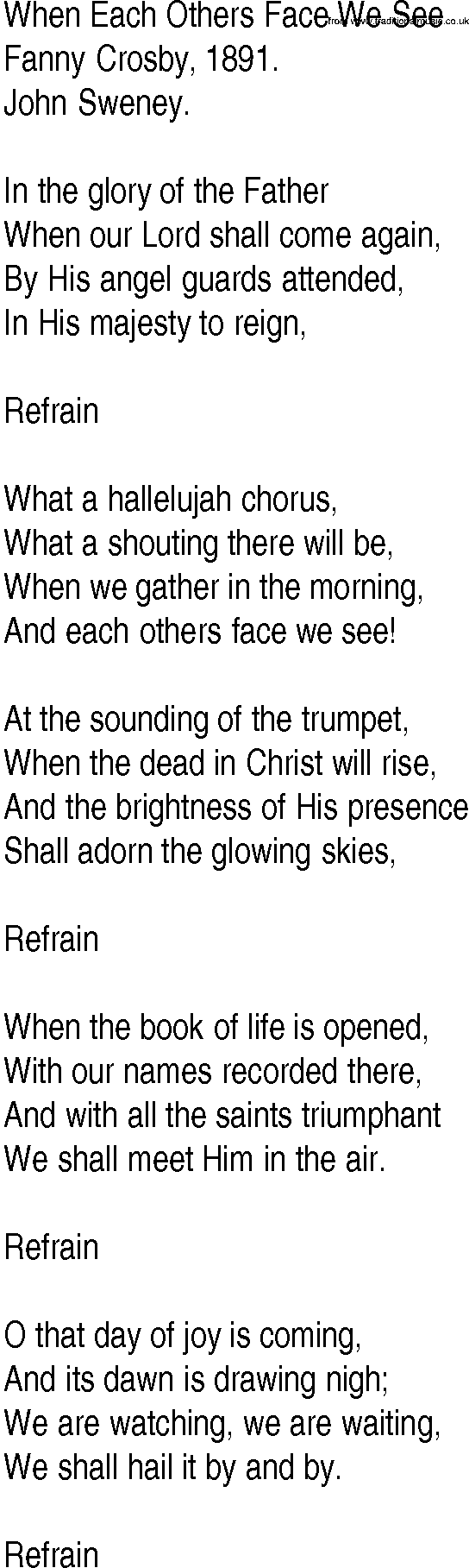 Hymn and Gospel Song: When Each Others Face We See by Fanny Crosby lyrics