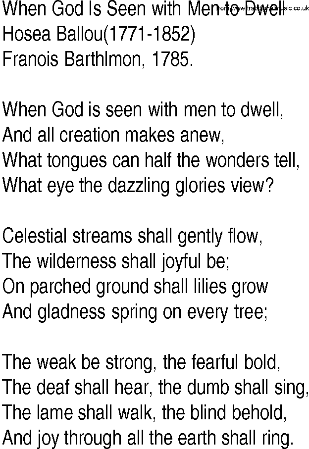 Hymn and Gospel Song: When God Is Seen with Men to Dwell by Hosea Ballou lyrics