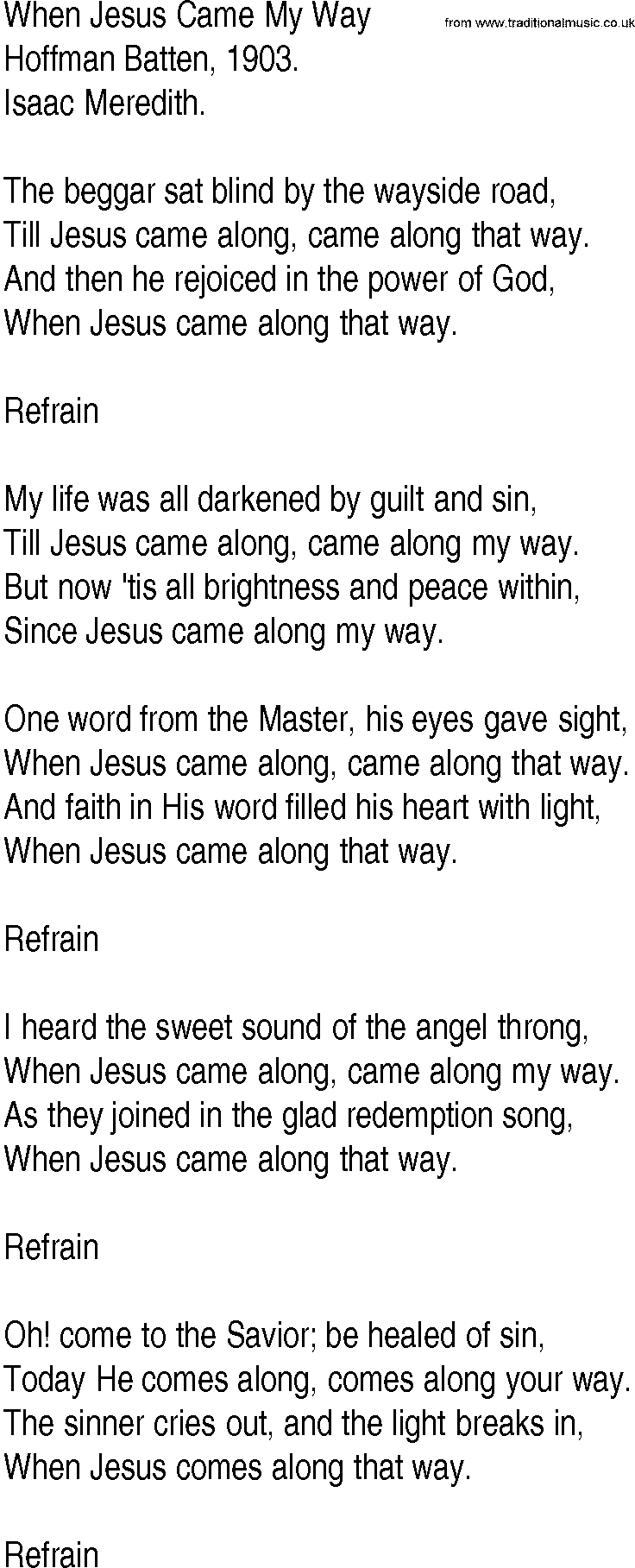 Hymn and Gospel Song: When Jesus Came My Way by Hoffman Batten lyrics