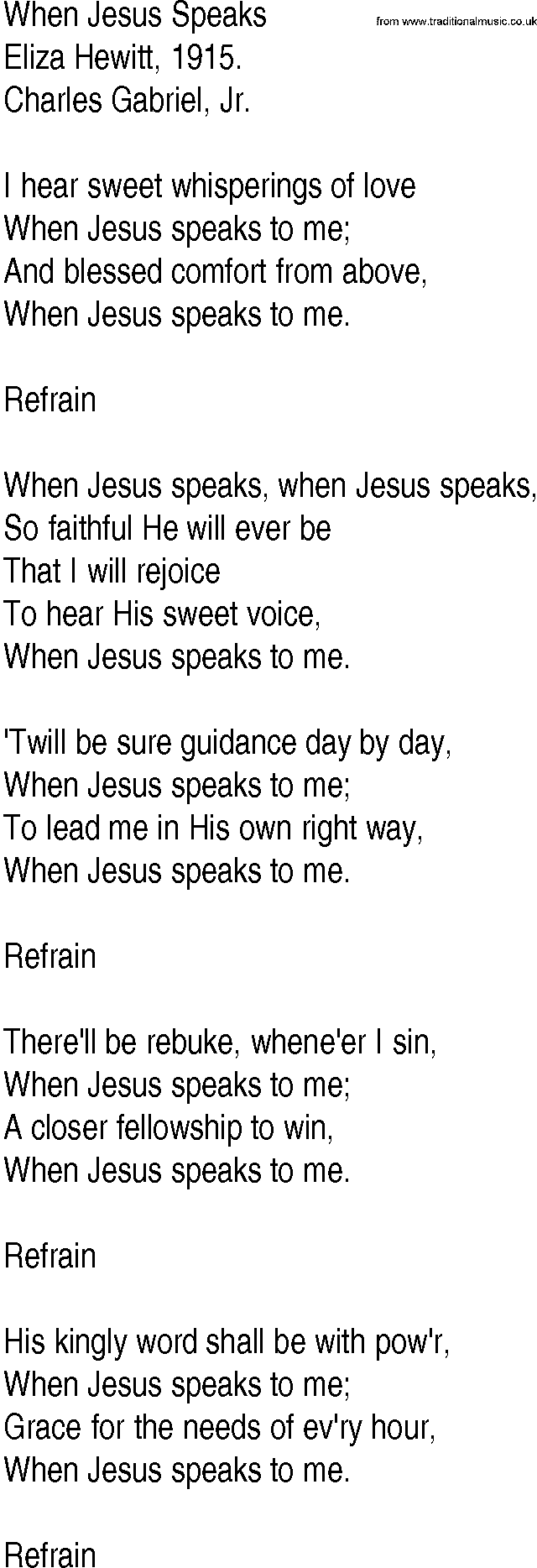 Hymn and Gospel Song: When Jesus Speaks by Eliza Hewitt lyrics