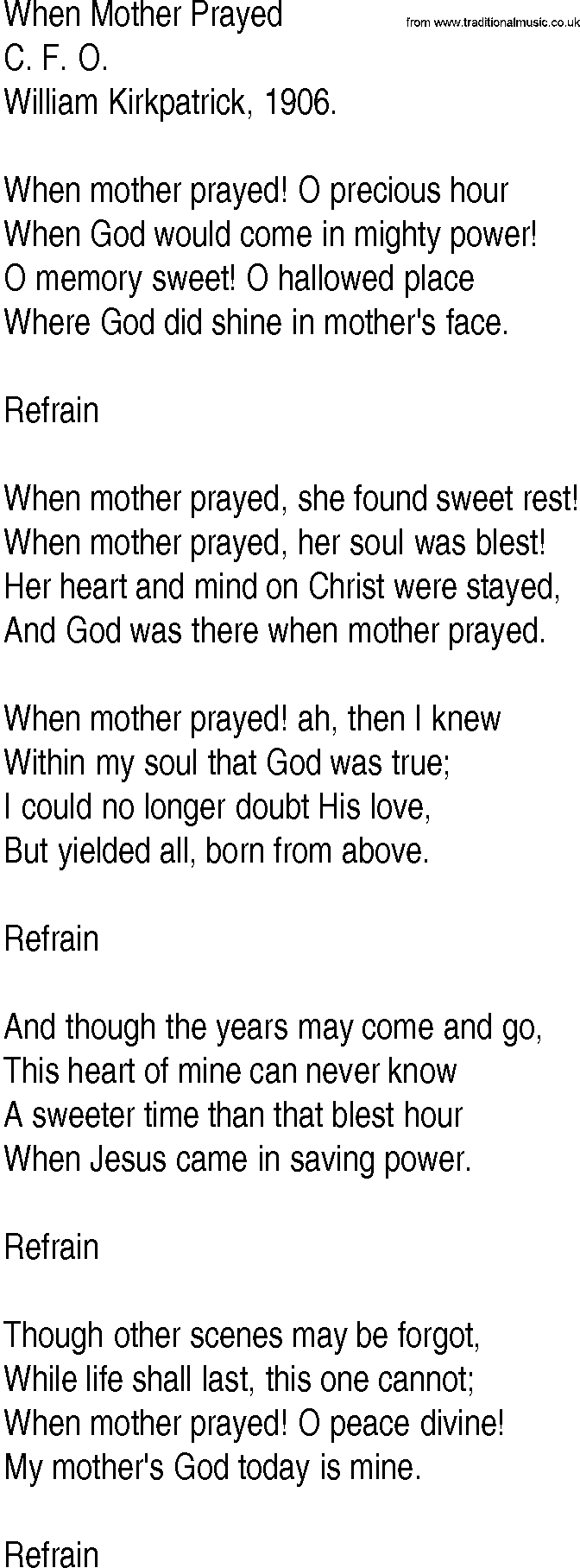 Hymn and Gospel Song: When Mother Prayed by C F O lyrics