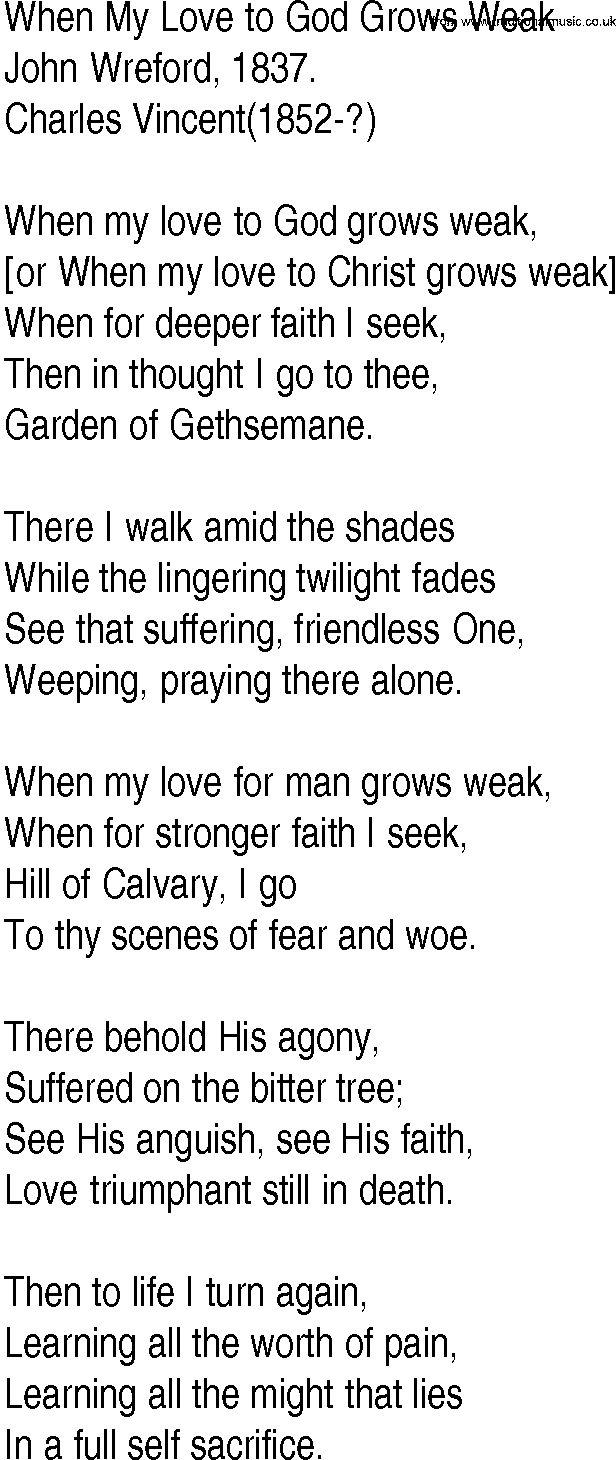 Hymn and Gospel Song: When My Love to God Grows Weak by John Wreford lyrics