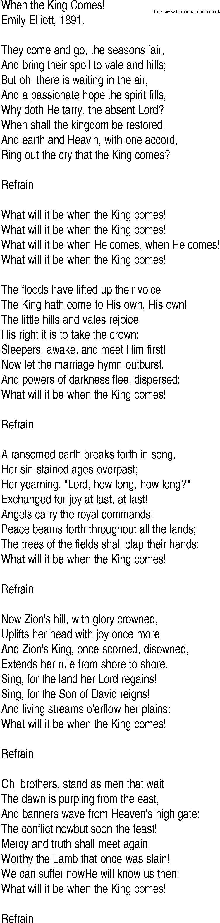 Hymn and Gospel Song: When the King Comes! by Emily Elliott lyrics