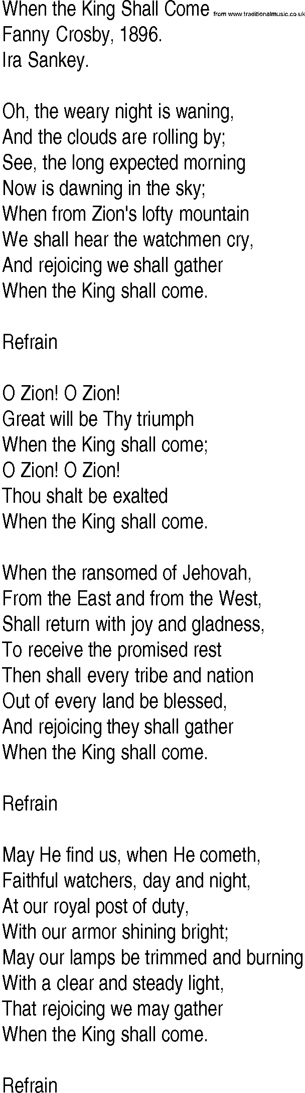 Hymn and Gospel Song: When the King Shall Come by Fanny Crosby lyrics