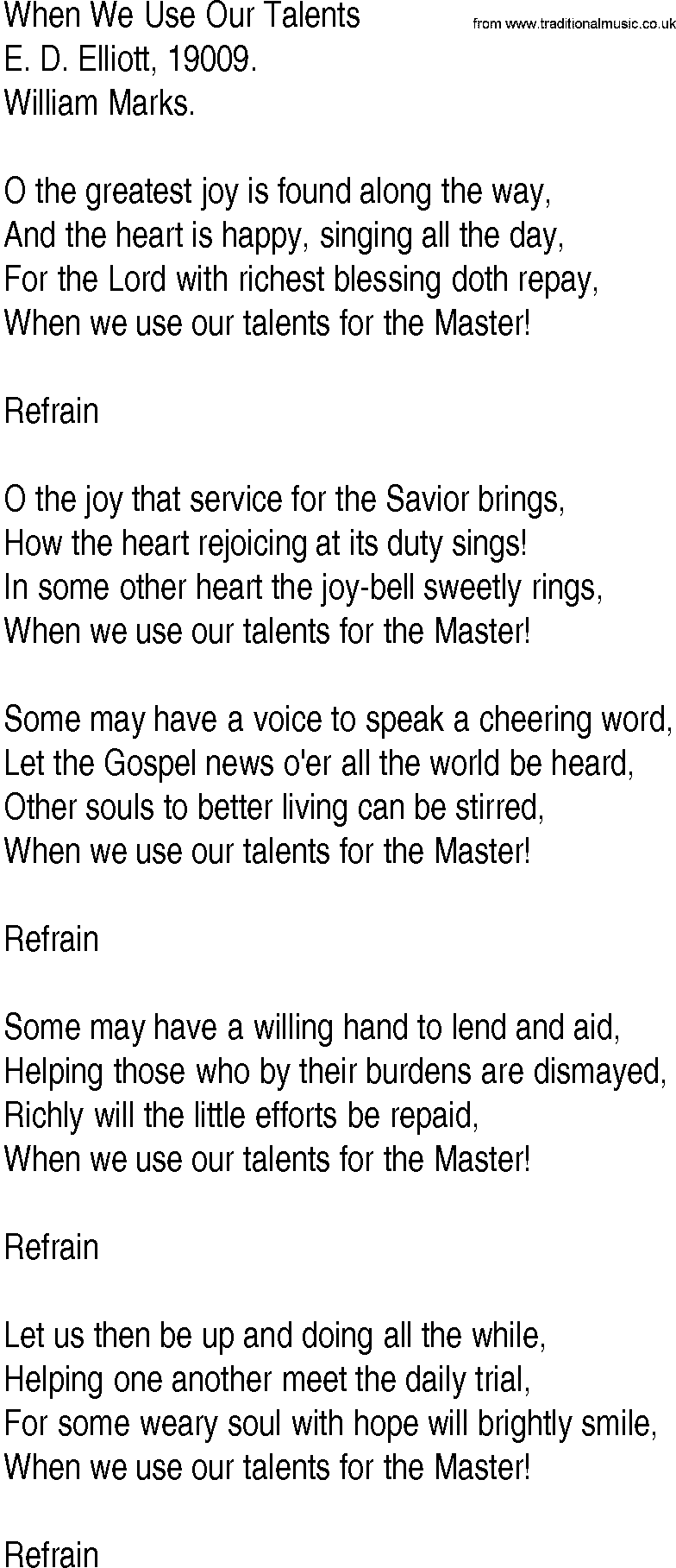 Hymn and Gospel Song: When We Use Our Talents by E D Elliott lyrics