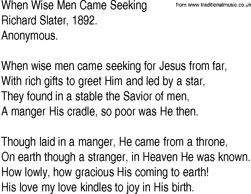 Hymn and Gospel Song: When Wise Men Came Seeking by Richard Slater lyrics