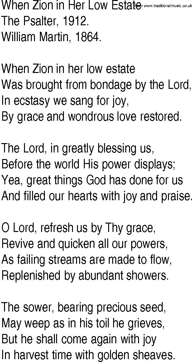 Hymn and Gospel Song: When Zion in Her Low Estate by The Psalter lyrics