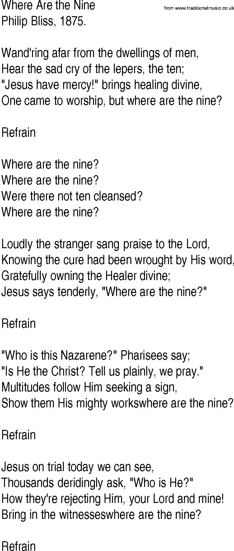 Hymn and Gospel Song: Where Are the Nine by Philip Bliss lyrics