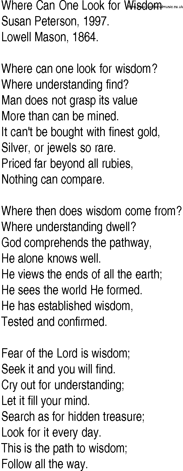 Hymn and Gospel Song: Where Can One Look for Wisdom by Susan Peterson lyrics