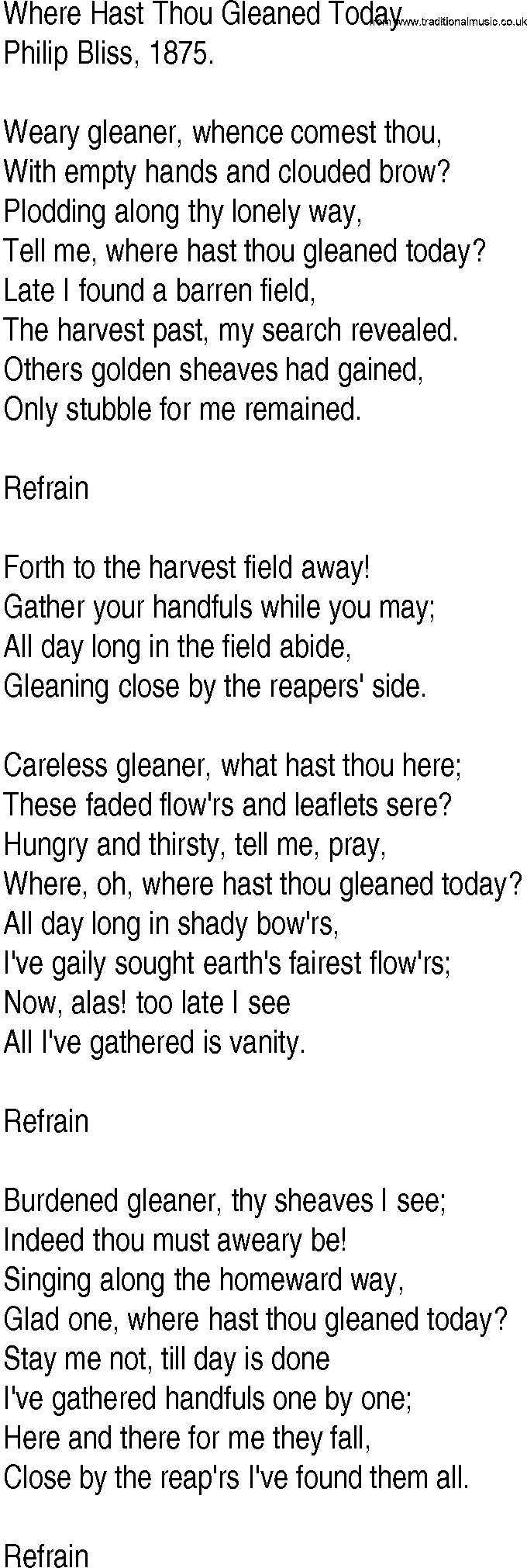 Hymn and Gospel Song: Where Hast Thou Gleaned Today by Philip Bliss lyrics