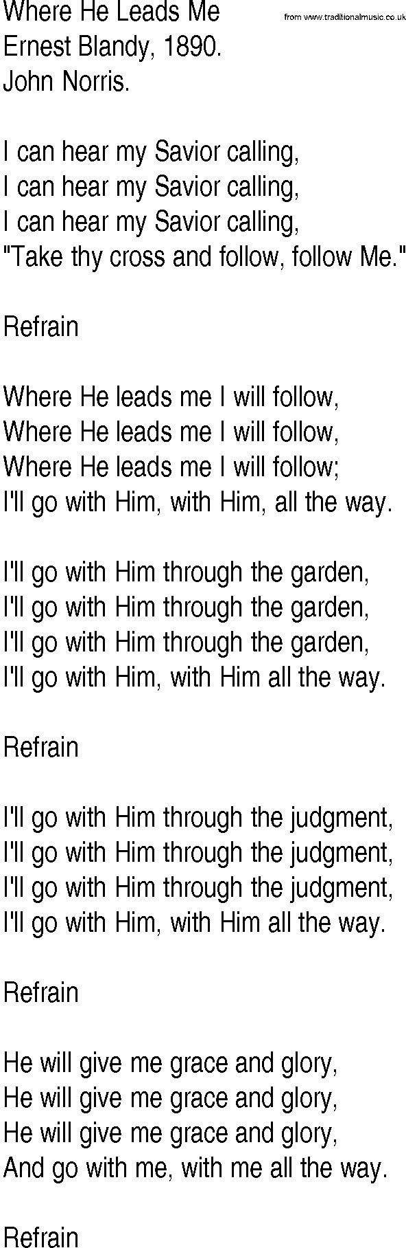 Hymn and Gospel Song: Where He Leads Me by Ernest Blandy lyrics