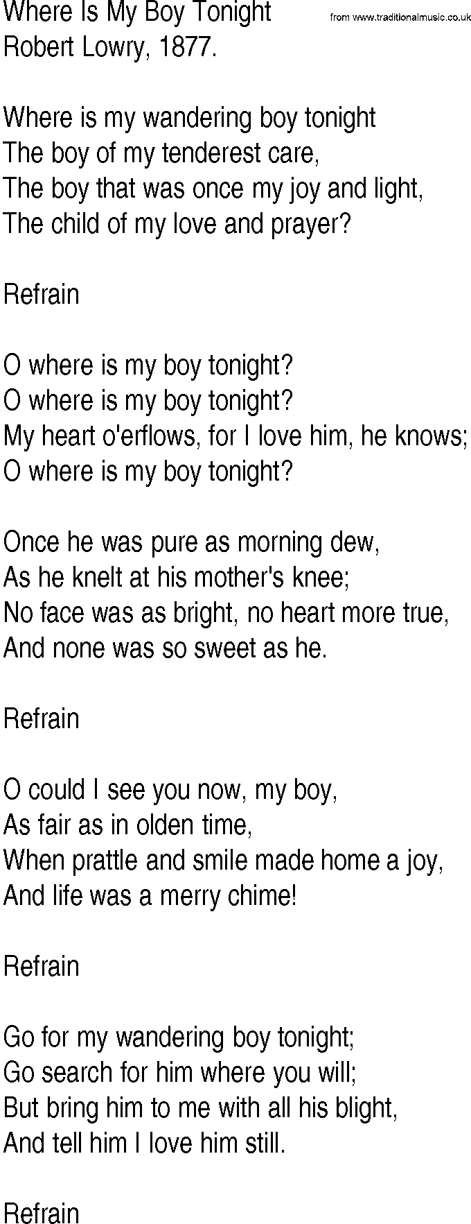 Hymn and Gospel Song: Where Is My Boy Tonight by Robert Lowry lyrics