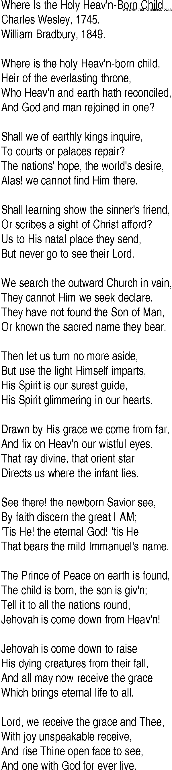Hymn and Gospel Song: Where Is the Holy Heav'n-Born Child by Charles Wesley lyrics