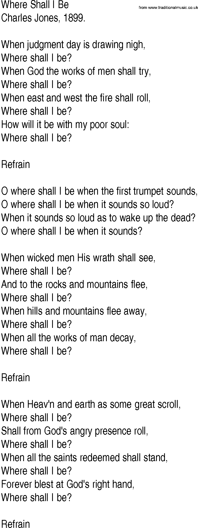 Hymn and Gospel Song: Where Shall I Be by Charles Jones lyrics