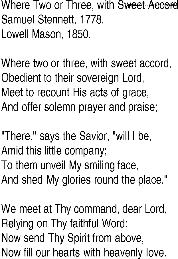 Hymn and Gospel Song: Where Two or Three, with Sweet Accord by Samuel Stennett lyrics