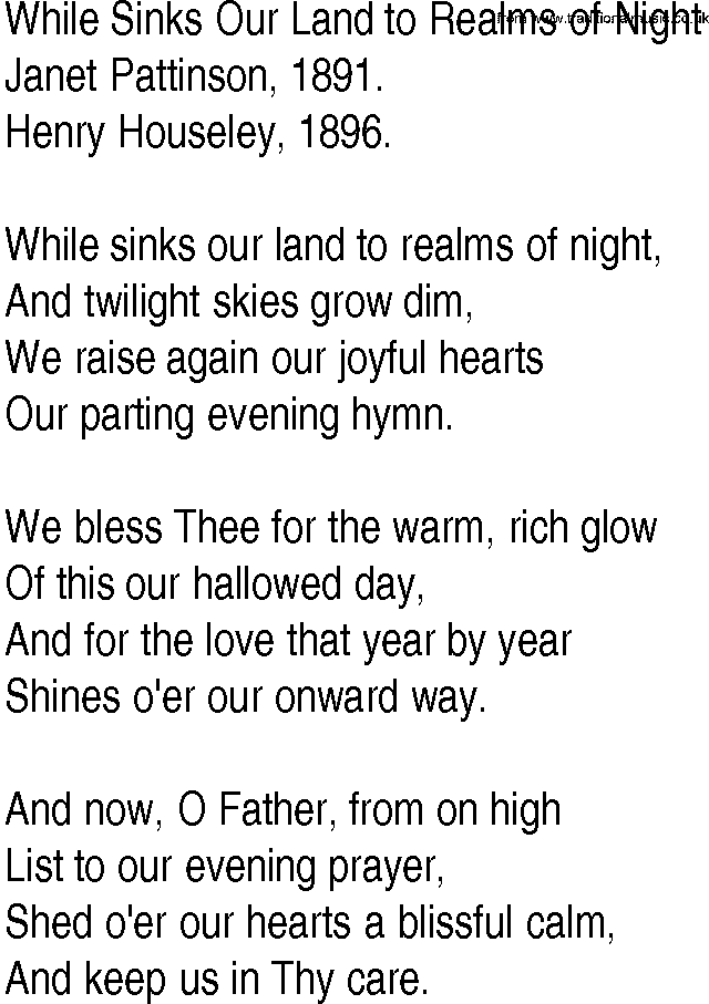 Hymn and Gospel Song: While Sinks Our Land to Realms of Night by Janet Pattinson lyrics