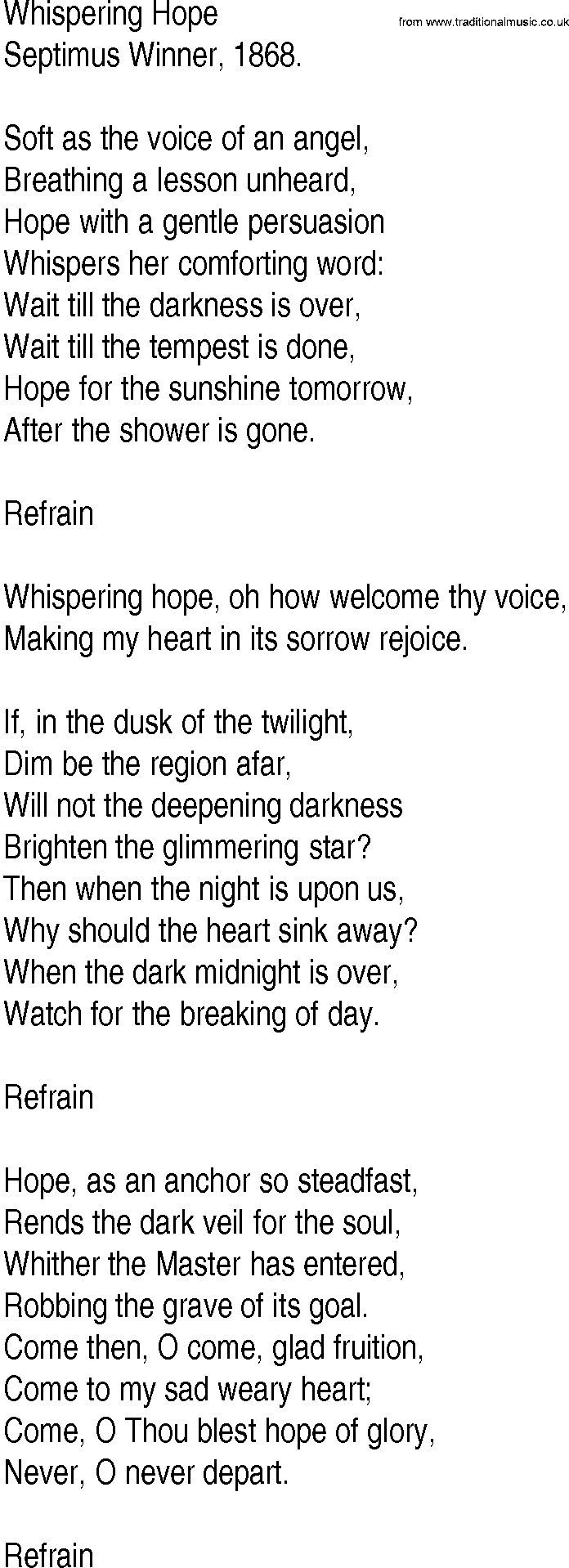 Hymn and Gospel Song: Whispering Hope by Septimus Winner lyrics