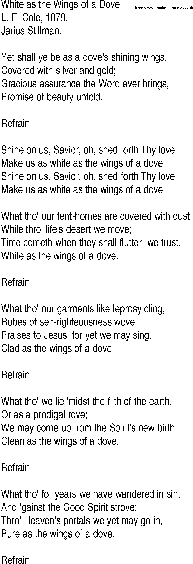 Hymn and Gospel Song: White as the Wings of a Dove by L F Cole lyrics