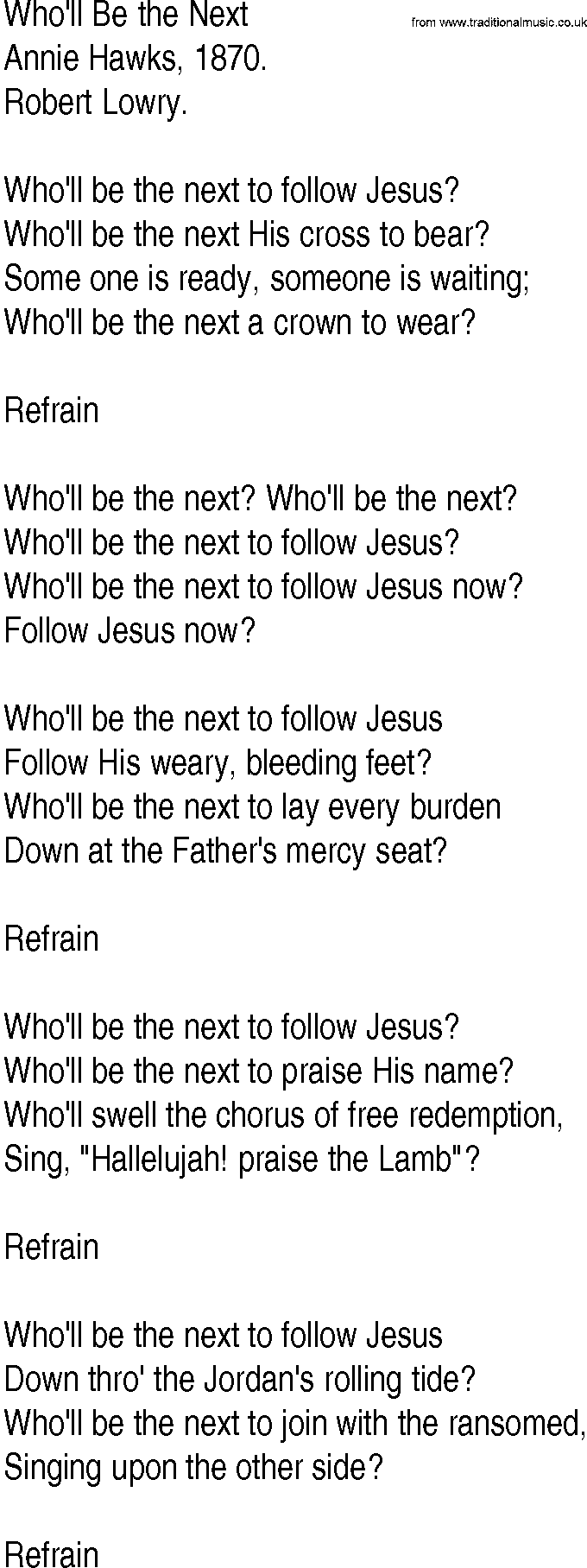 Hymn and Gospel Song: Who'll Be the Next by Annie Hawks lyrics