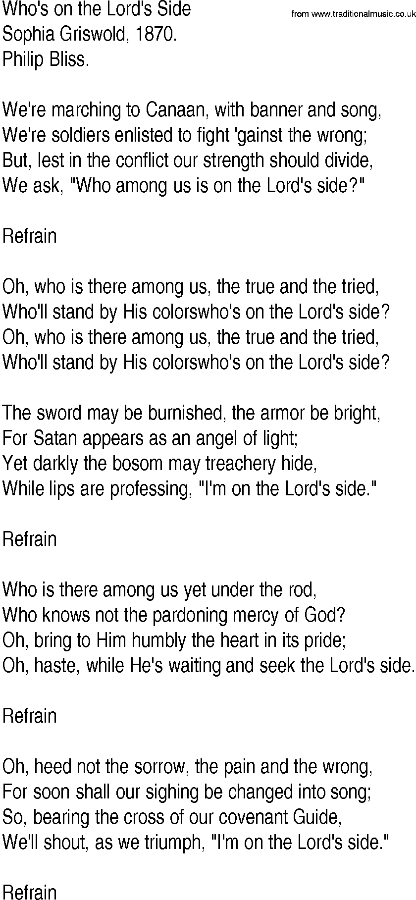 Hymn and Gospel Song: Who's on the Lord's Side by Sophia Griswold lyrics