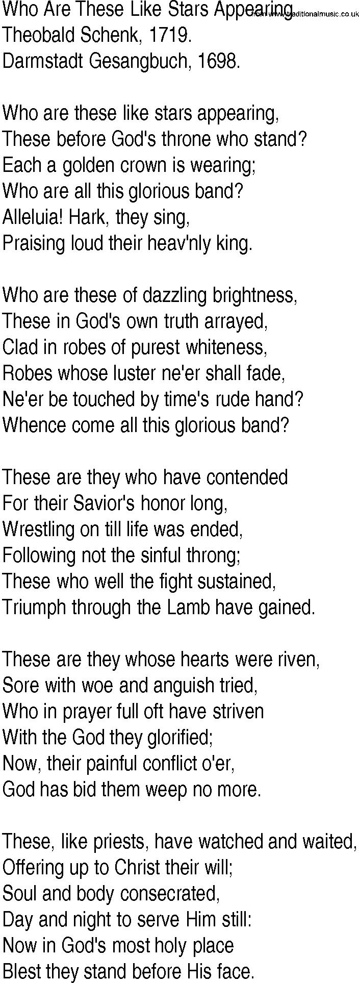 Hymn and Gospel Song: Who Are These Like Stars Appearing by Theobald Schenk lyrics