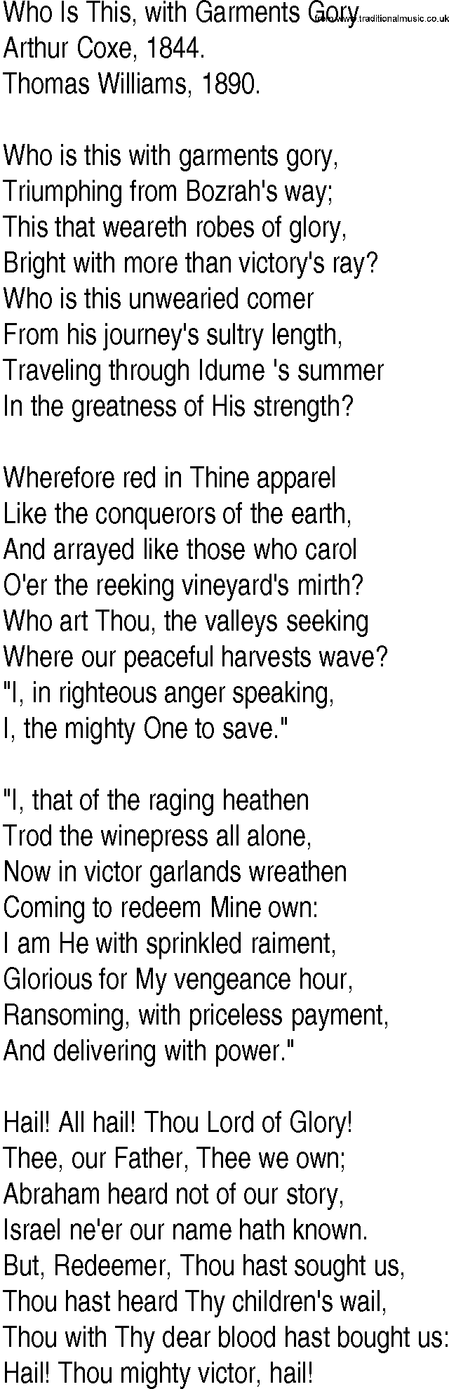Hymn and Gospel Song: Who Is This, with Garments Gory by Arthur Coxe lyrics