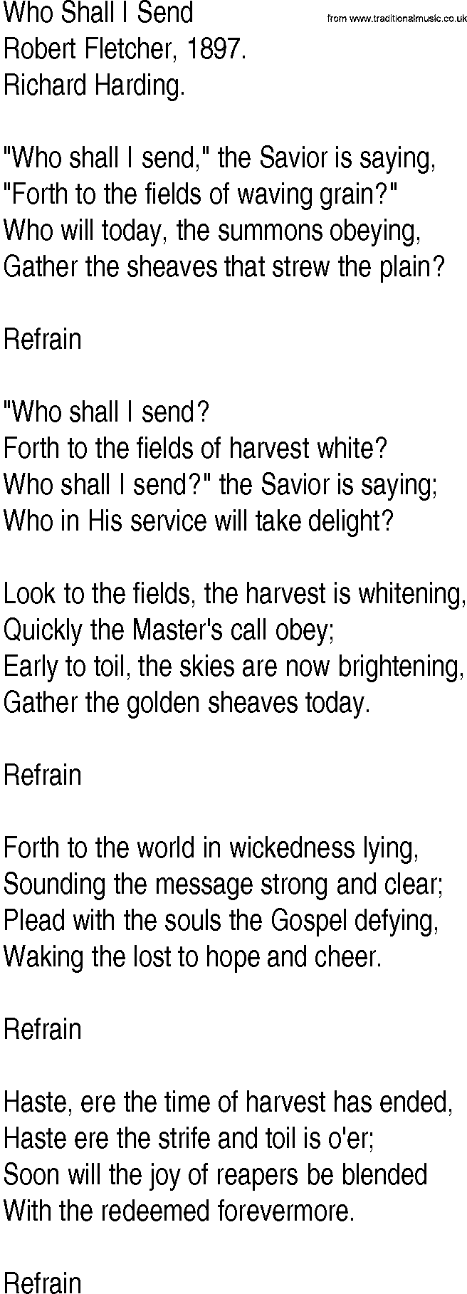 Hymn and Gospel Song: Who Shall I Send by Robert Fletcher lyrics