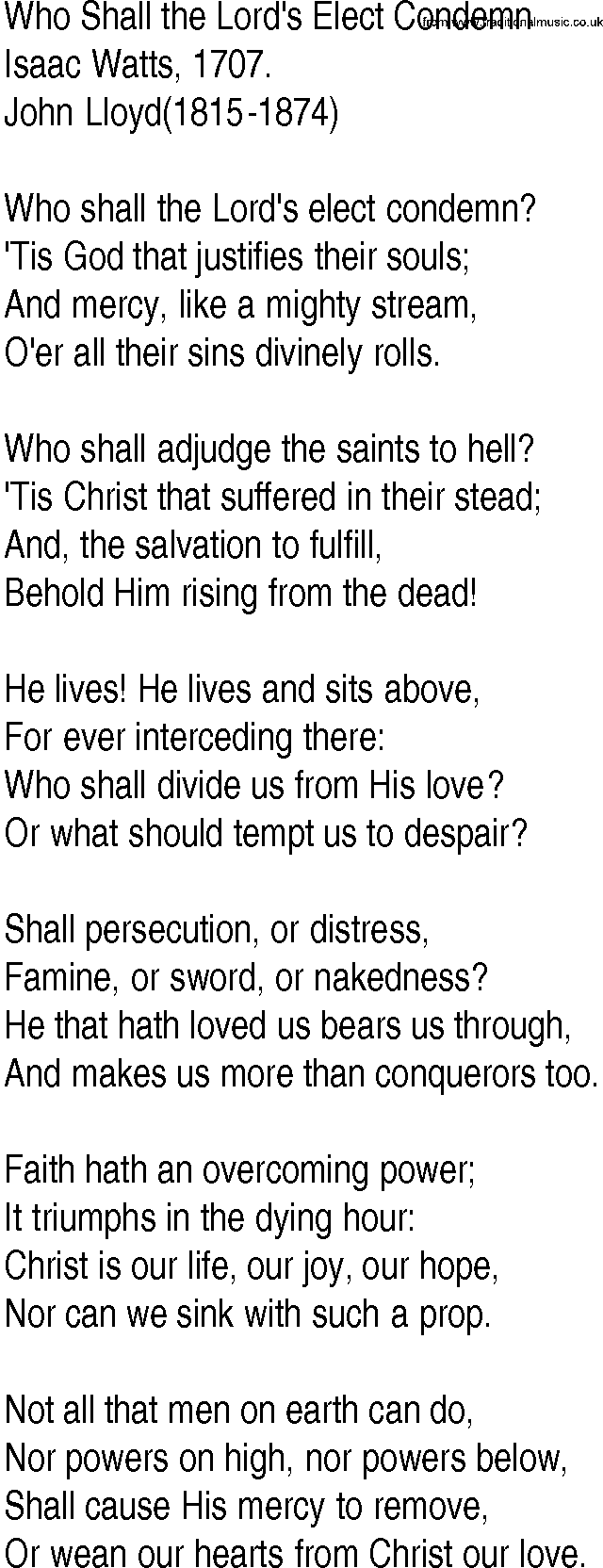 Hymn and Gospel Song: Who Shall the Lord's Elect Condemn by Isaac Watts lyrics