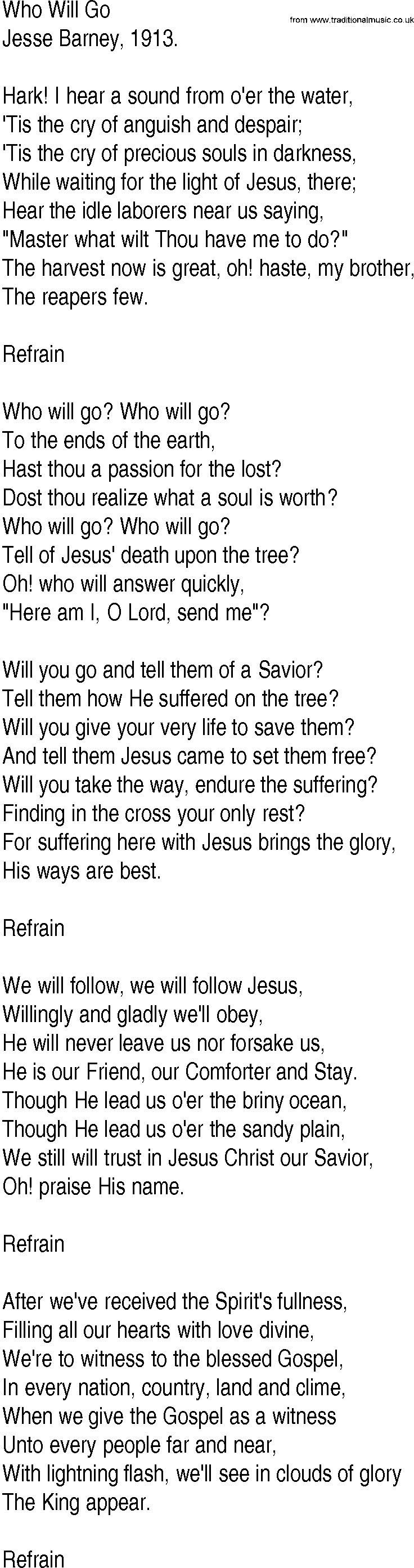 Hymn and Gospel Song: Who Will Go by Jesse Barney lyrics