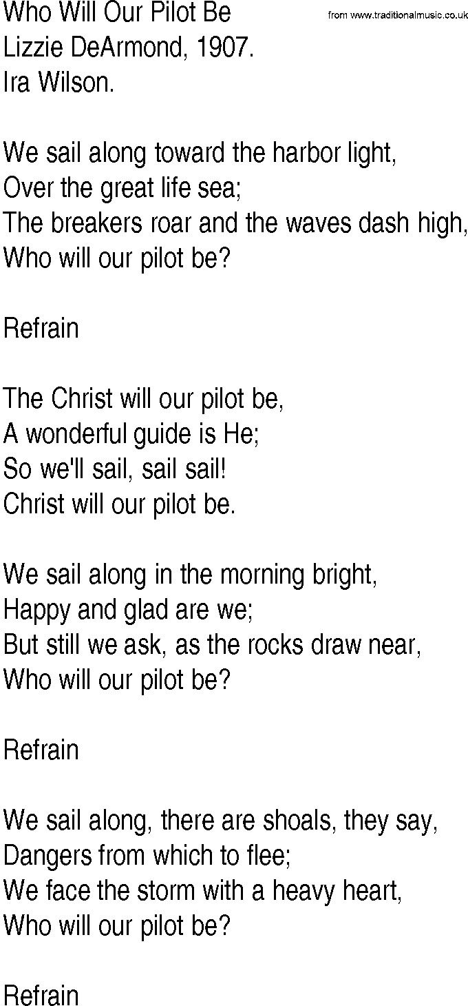 Hymn and Gospel Song: Who Will Our Pilot Be by Lizzie DeArmond lyrics