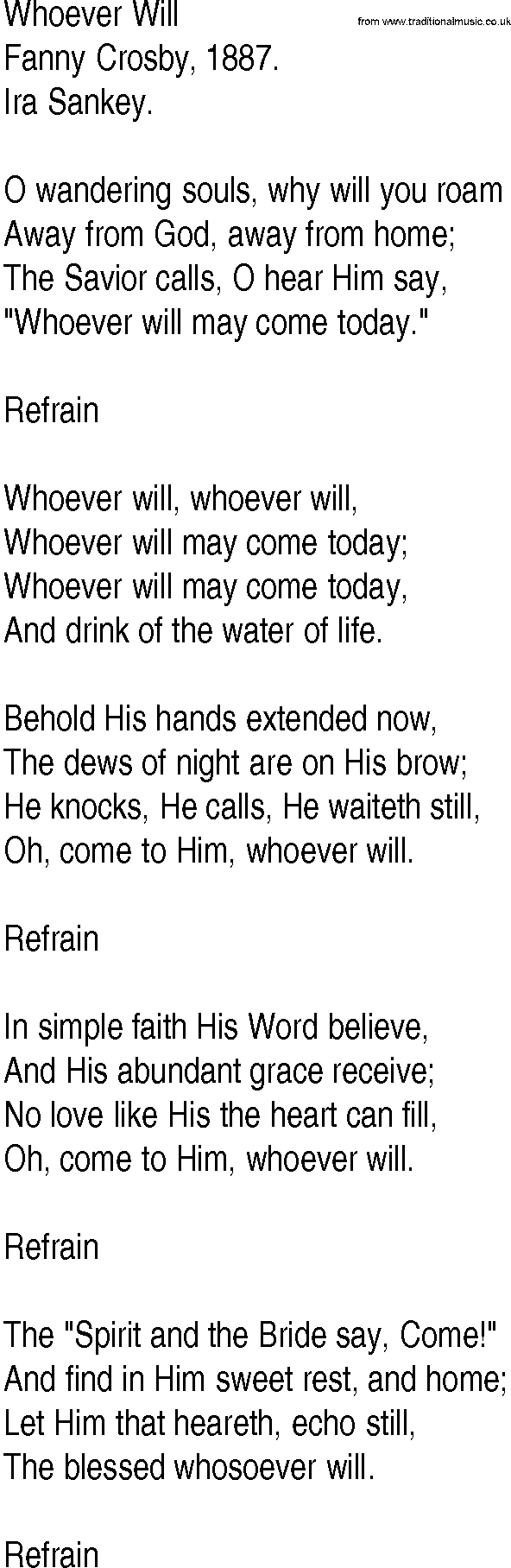 Hymn and Gospel Song: Whoever Will by Fanny Crosby lyrics