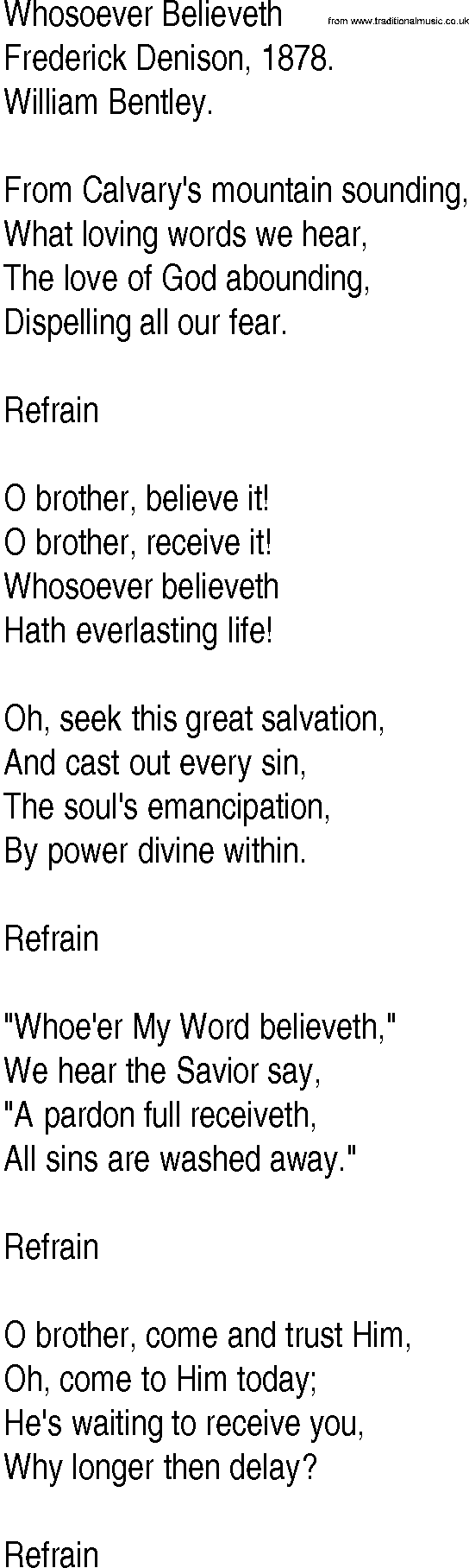 Hymn and Gospel Song: Whosoever Believeth by Frederick Denison lyrics