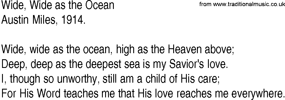 Hymn and Gospel Song: Wide, Wide as the Ocean by Austin Miles lyrics