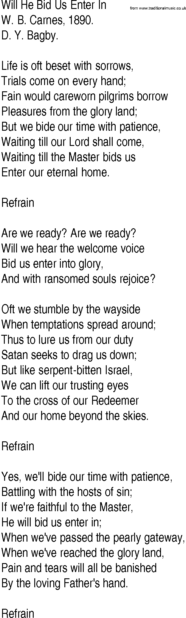 Hymn and Gospel Song: Will He Bid Us Enter In by W B Carnes lyrics