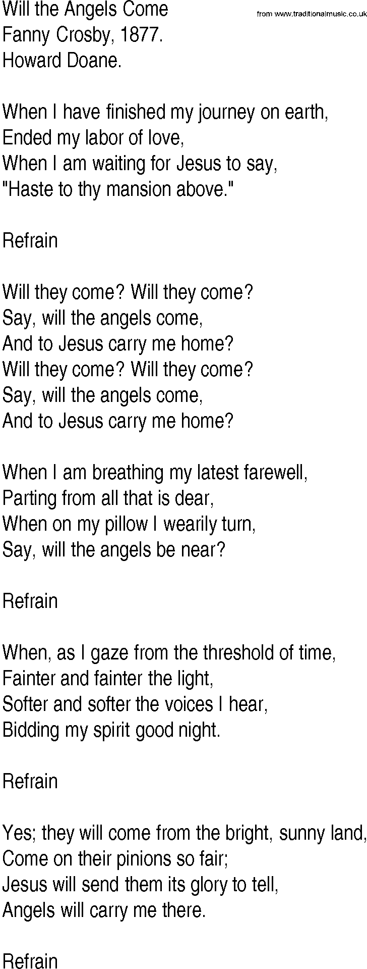 Hymn and Gospel Song: Will the Angels Come by Fanny Crosby lyrics