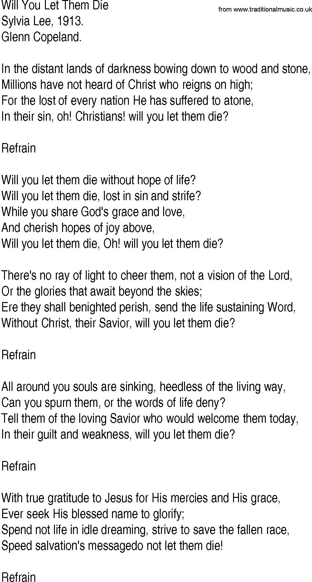Hymn and Gospel Song: Will You Let Them Die by Sylvia Lee lyrics