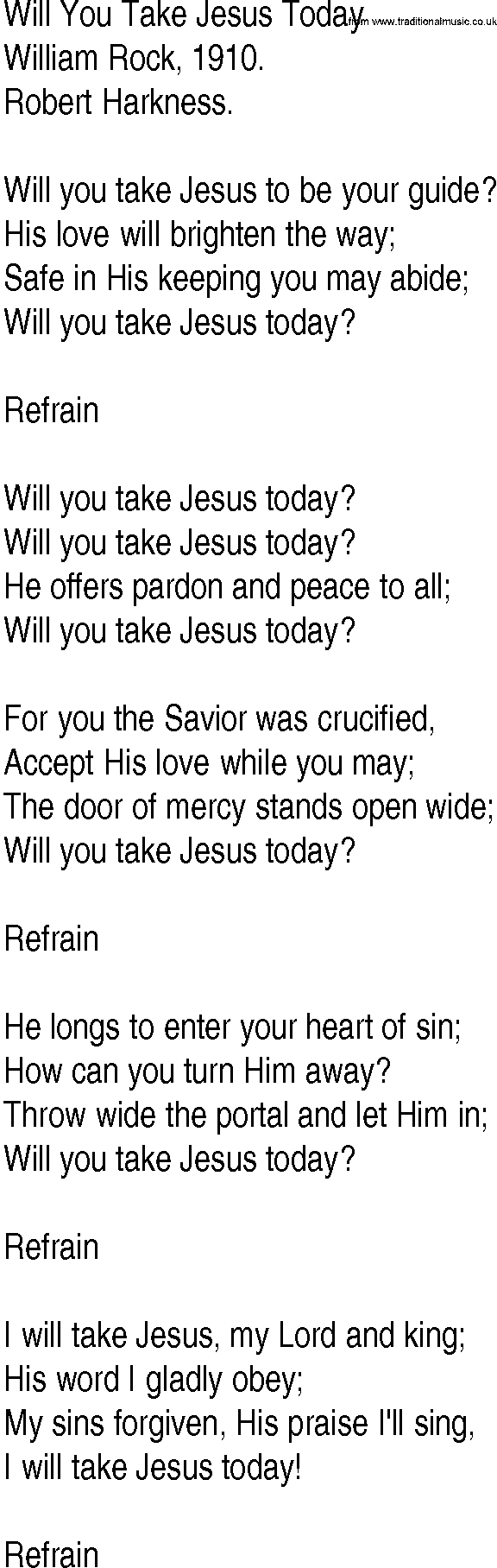 Hymn and Gospel Song: Will You Take Jesus Today by William Rock lyrics
