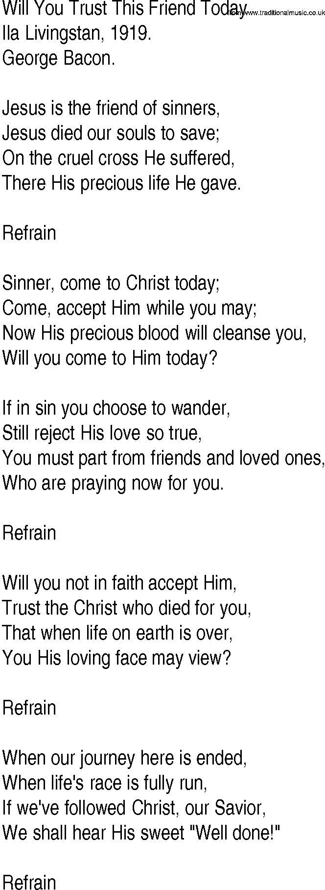Hymn and Gospel Song: Will You Trust This Friend Today by Ila Livingstan lyrics