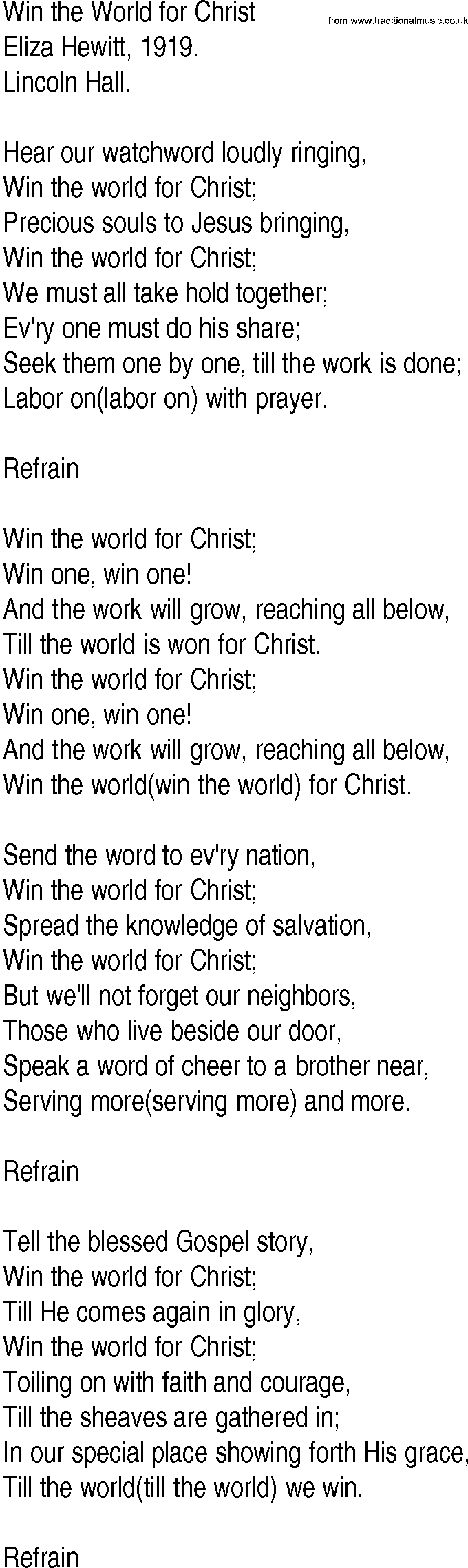 Hymn and Gospel Song: Win the World for Christ by Eliza Hewitt lyrics