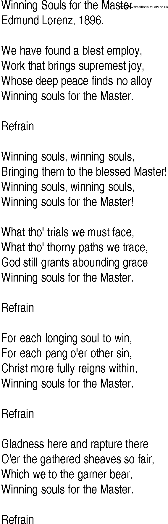 Hymn and Gospel Song: Winning Souls for the Master by Edmund Lorenz lyrics