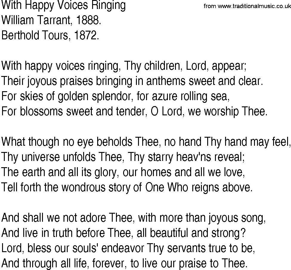 Hymn and Gospel Song: With Happy Voices Ringing by William Tarrant lyrics