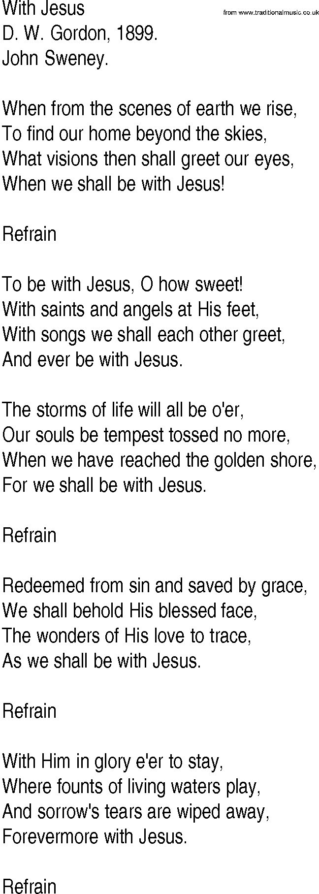 Hymn and Gospel Song: With Jesus by D W Gordon lyrics