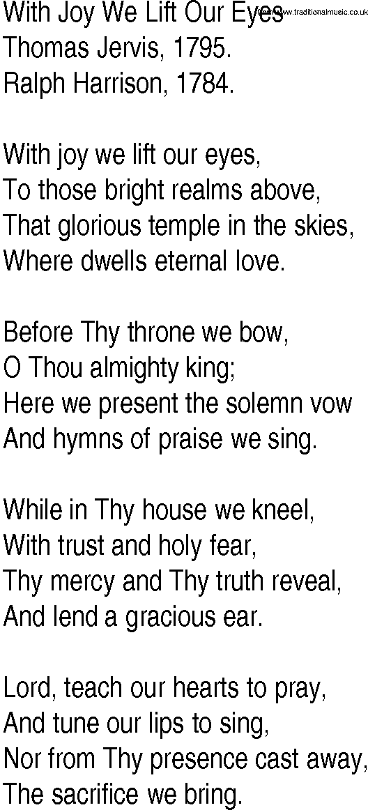 Hymn and Gospel Song: With Joy We Lift Our Eyes by Thomas Jervis lyrics